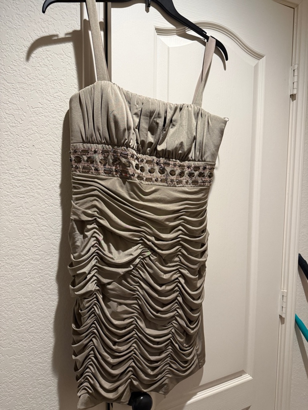 R & M Richards Taupe Ruched Mini Dress with Beaded Waist